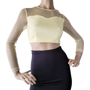 HYPR Yellow Mesh Long Sleeve Embossed Animal Print Crop Top